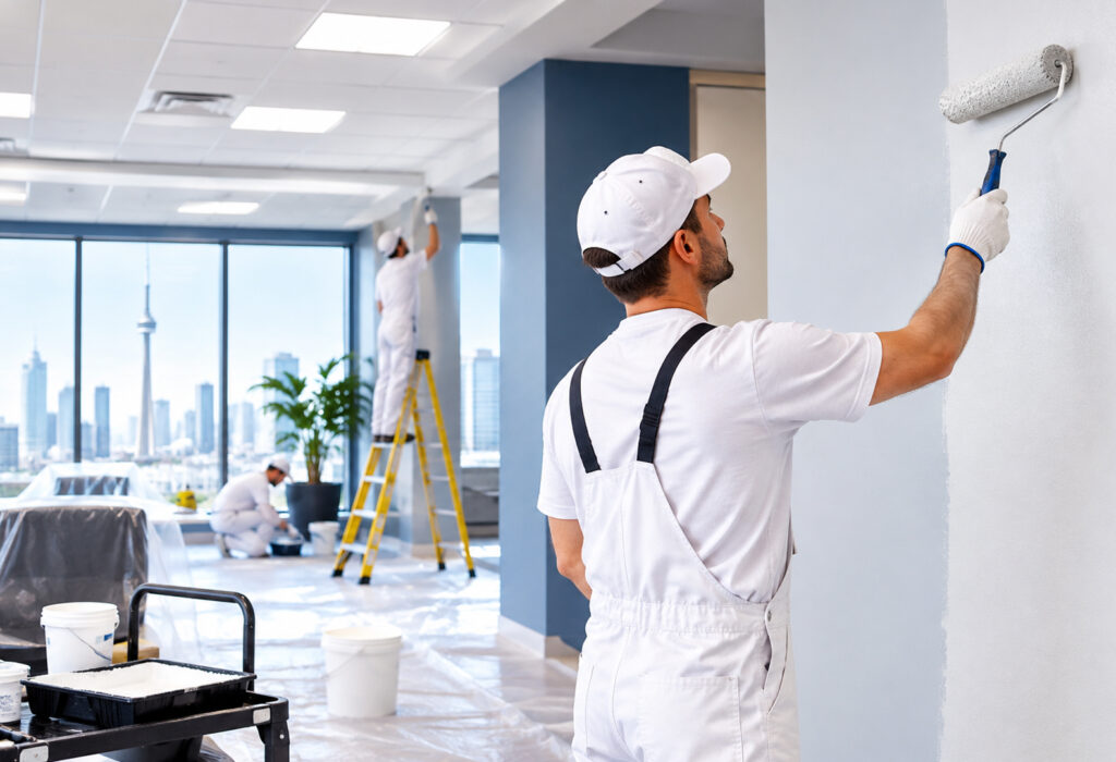 Commercial painting in Toronto office corridor done after hours with floors covered