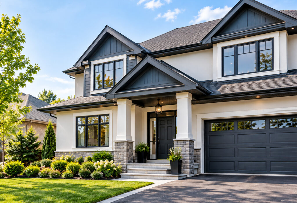 Exterior painters in Vaughan finishing trim and front door on a two-storey home